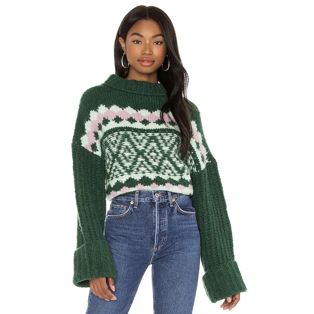 Free People Alpine Mock Neck Alpaca Wool Blend Sweater Boho Fair Isle